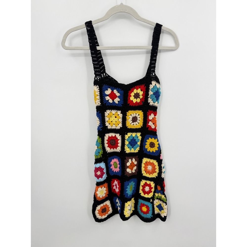 Unbranded Granny Square Crochet Mini Dress Womens XS Black Multi Boho Festival